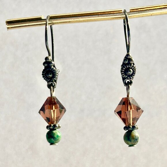 Swarovski crystal earrings in silver w/brown Swarovski & green turquoise beads - Picture 1 of 6